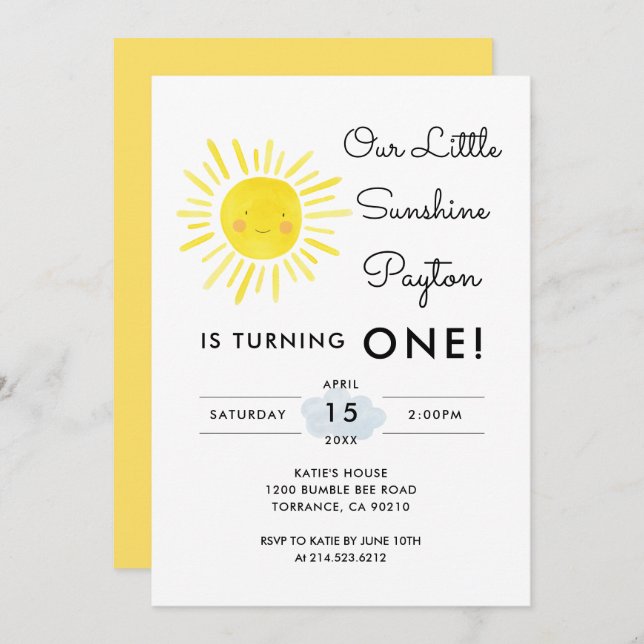 Vår lilla solskensflicka 1:a födelsedagen Party Inbjudningar (Fram/baksida)