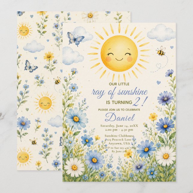Vår lilla solstråle 2-årsdag inbjudningar (Fram/baksida)