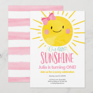 Vår lilla Sunshine Girl Rosa Bow First Birthday Inbjudningar