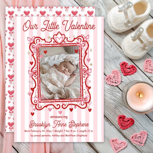 Vår lilla Valentine Foto Födelseannons Meddelande (Our Little Valentine Photo Hearts | Coquette Bows Birth Announcement -- Print | Digital Download)