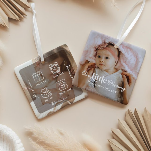Vår lilla välsignelse Baby födelse statistik Foto  Julgransprydnad Keramik (Our Little Blessing Baby Birth Stat Photo Keepsake Ceramic Ornament)