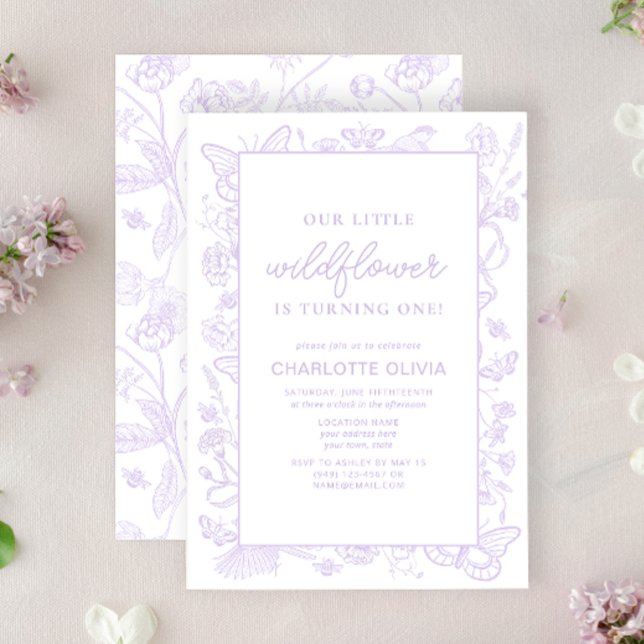 Vår lilla Wildblomma 1:a Birthday Lilac Flowers Inbjudningar (1st Birthday Invitation)