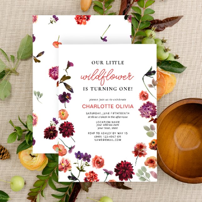 Vår lilla Wildblomma 1:a födelsedag Blommigt Boho Inbjudningar (1st Birthday Invitation)