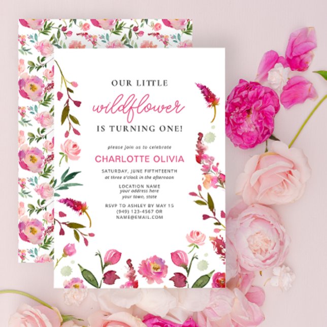Vår lilla Wildblomma 1:a födelsedag Rosa Blommigt Inbjudningar (1st Birthday Invitation)