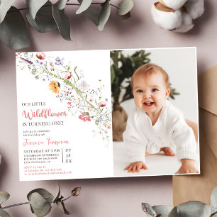 Vår lilla Wildblomma Flicka 1:a födelsedagen Party Inbjudningar