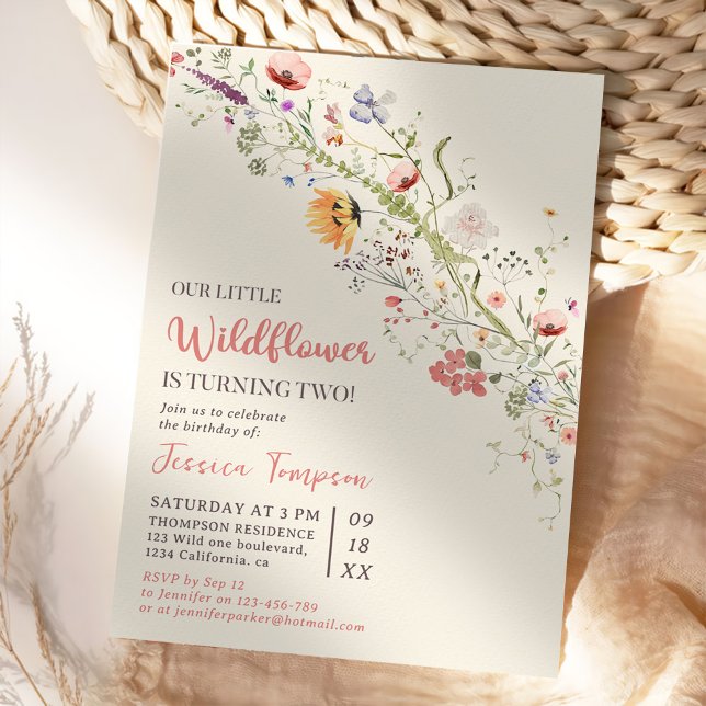 Vår lilla Wildblomma Flicka 2:a födelsedagen Party Inbjudningar (Skapare uppladdad)