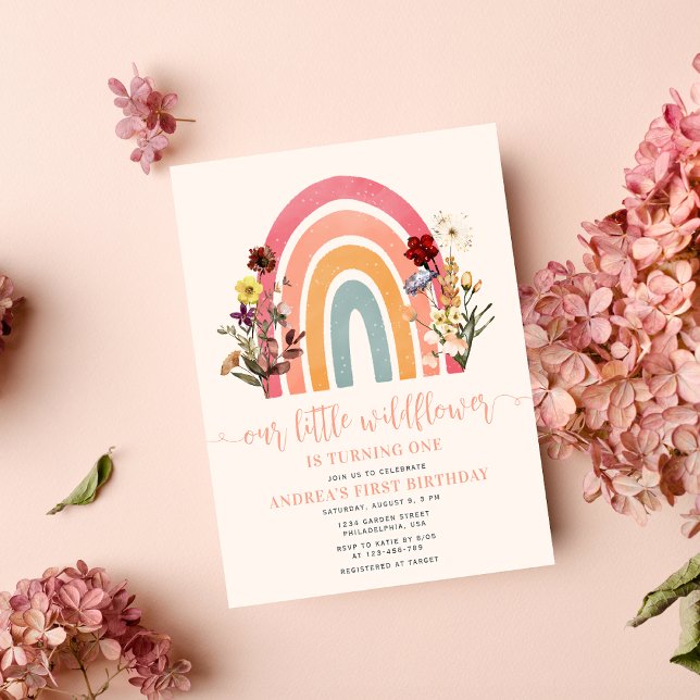 Vår lilla Wildblomma Regbow Girl 1:a födelsedagen Inbjudningar (Skapare uppladdad)
