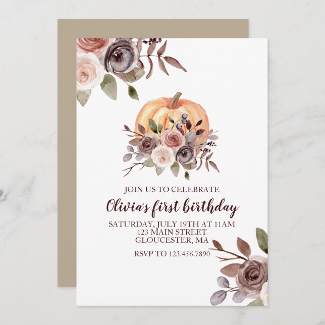 Vår lille Pumpkin faller blommigt första födelseda Inbjudningar (Fram/baksida)