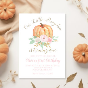 Vår lille Pumpkin guld och blommigt födelsedag Inbjudningar