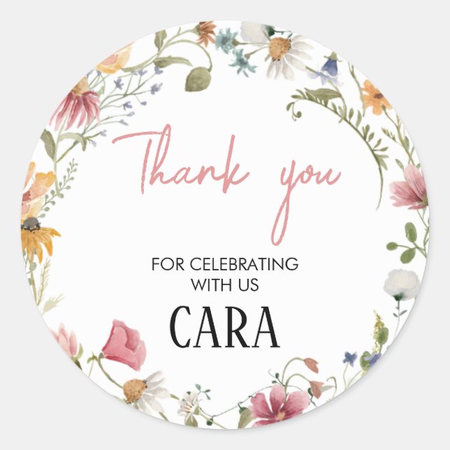 Vår Little Wildblomma Födelsedagsfest Runt Klistermärke (Framsida)