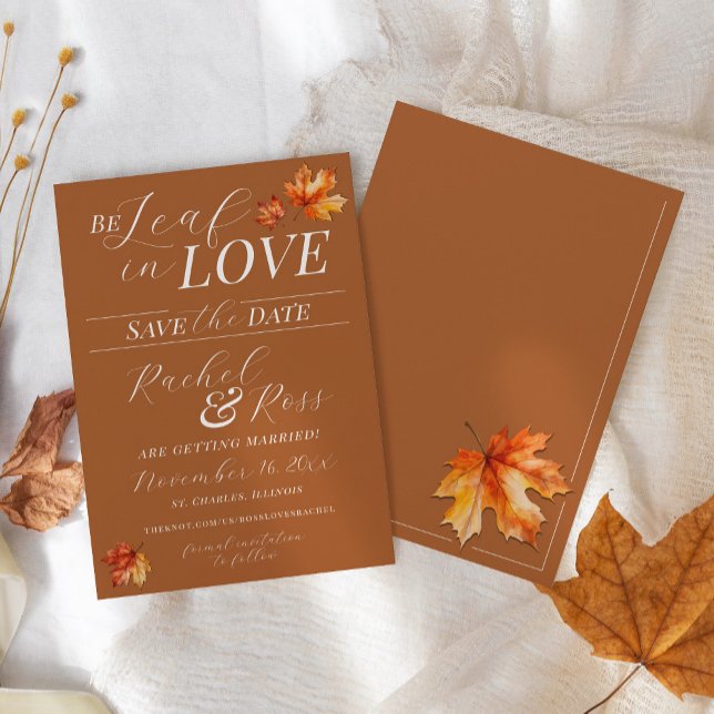 Var Löv i Kärlek Höst löv Burnt Orange Bröllop Spara Datumet (Simple modern elegant rustic watercolor fall leaves Be Leaf in Love Autumn wedding save the date)