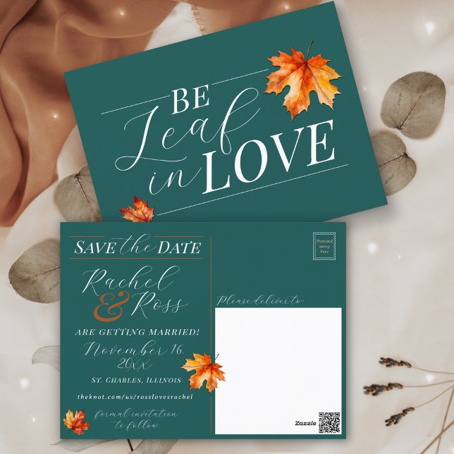 Var Löv i Kärlek Teal Fall Wedlass Spara datumet Vykort (Fall teal burnt orange rust terracotta Be Leaf in Love modern Autumn wedding save the date postcard)