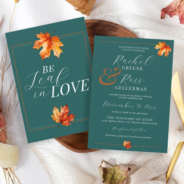 Var Löv i Kärlek Teal Rust Elegant Fall Brölling Inbjudningar (Elegant jewel tone teal burnt orange rust watercolor fall leaves autumn wedding invitation)