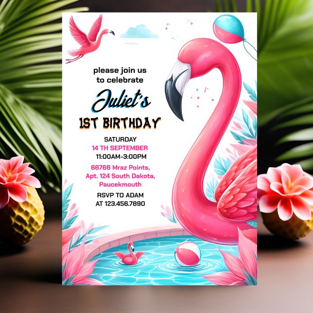 Vår Luau Fly Rosa Flamingo Bassäng Party 1:a födel Inbjudningar (Skapare uppladdad)