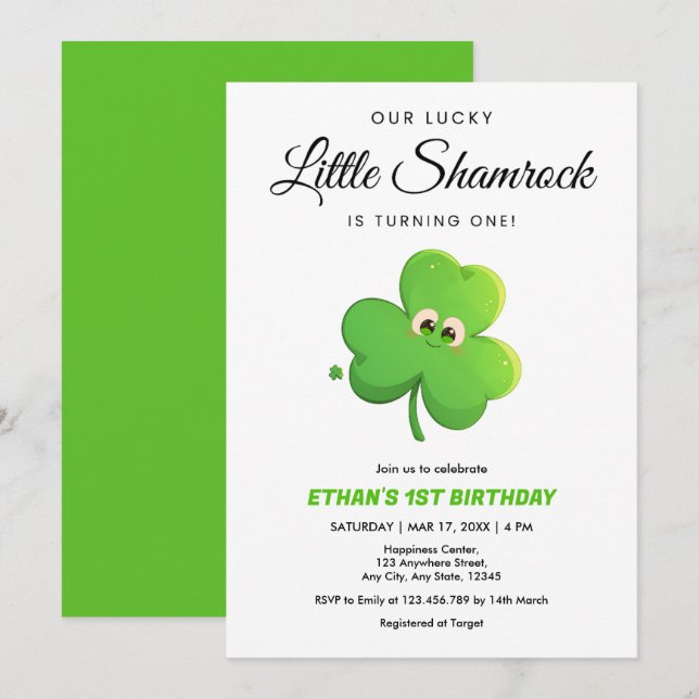 Vår Lucky Little Shamrock 1st Birthday Inbjudningar (Fram/baksida)