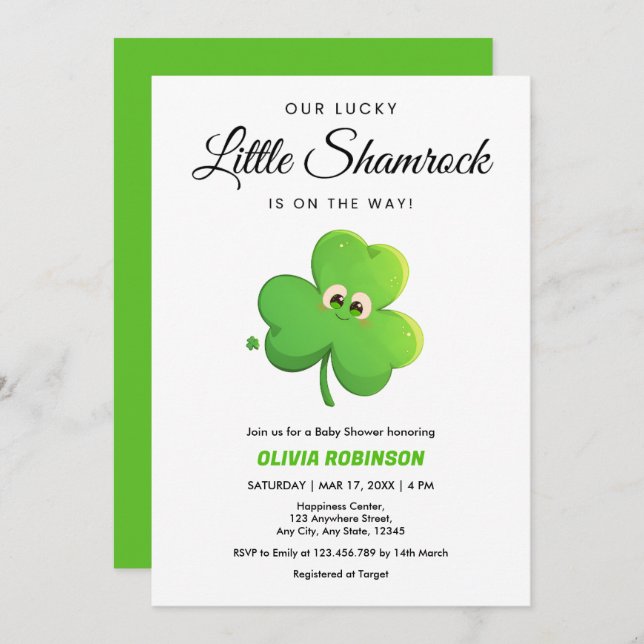 Vår Lucky Little Shamrock Baby Shower Inbjudningar (Fram/baksida)