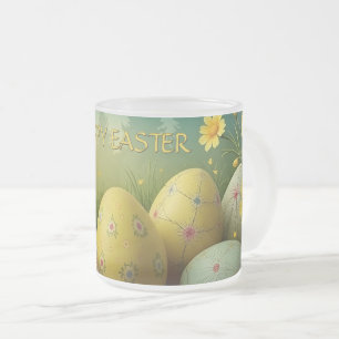 Vår magi med påskägg i ett hav av blommor frostad glasmugg