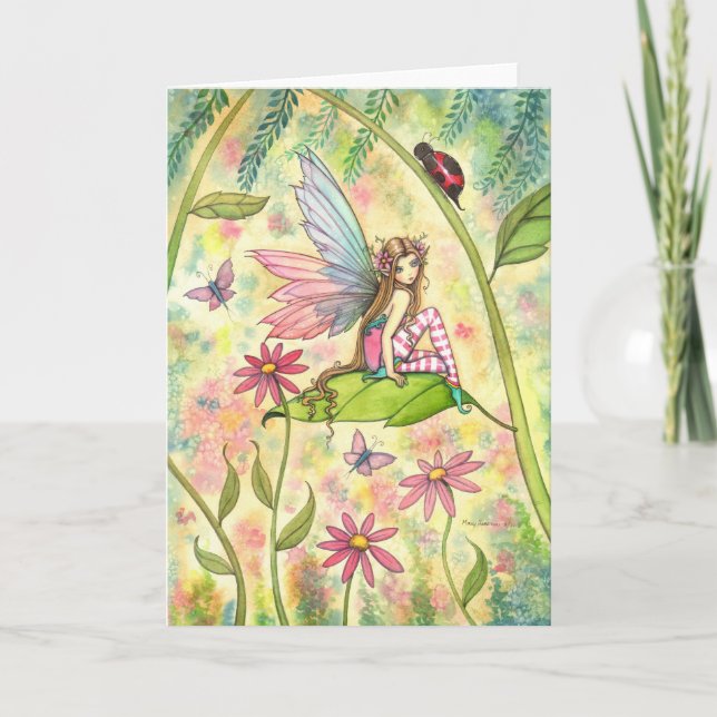 Vår Magic Cute Fairy and Ladybug Fantasy Art Kort (Framsida)