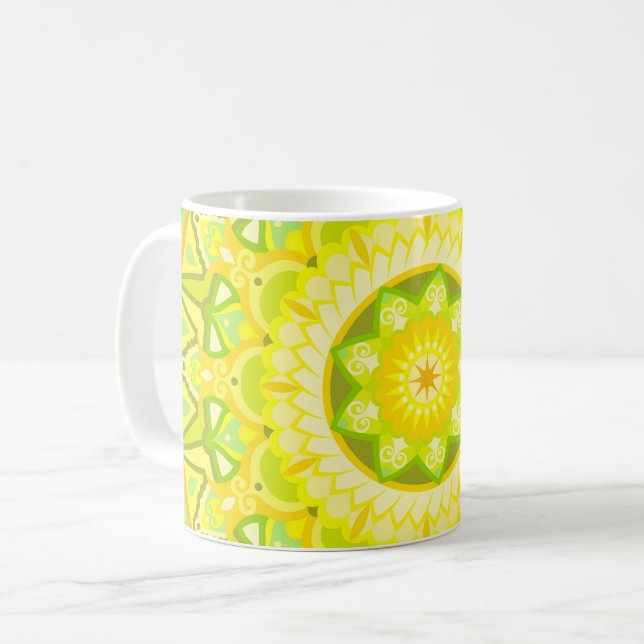 Vår Mandala Grön Gul Blommig Boho Kaffemugg (Framsida vänster)