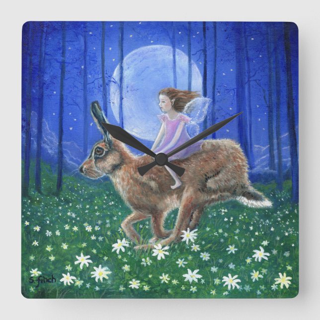 Vår Måne Hare Fairy Fyrkantig Klocka (Framsida)
