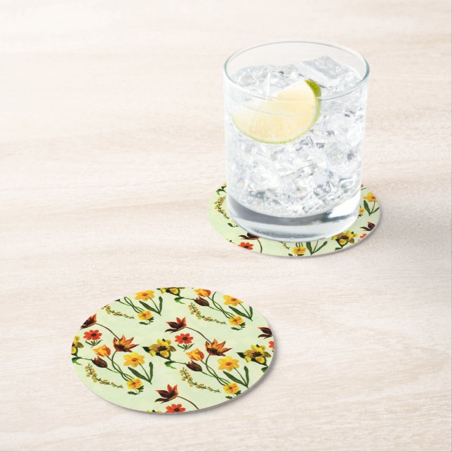 Vår Meadow Gult Wildblommor Watercolor Underlägg Papper Rund (Insitu)