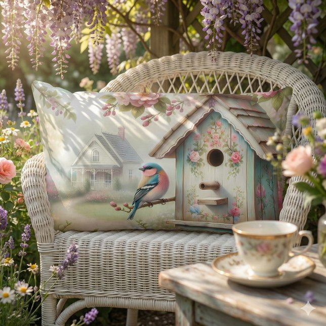 Vår med pastellblommor och fågel lumbarkudde (Spring Birdhouse With Pastel Flowers And Bird Lumbar Pillow Mockup 2)
