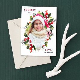 Var Merry Modern Watercolor Greenery Diamond Photo Julkort