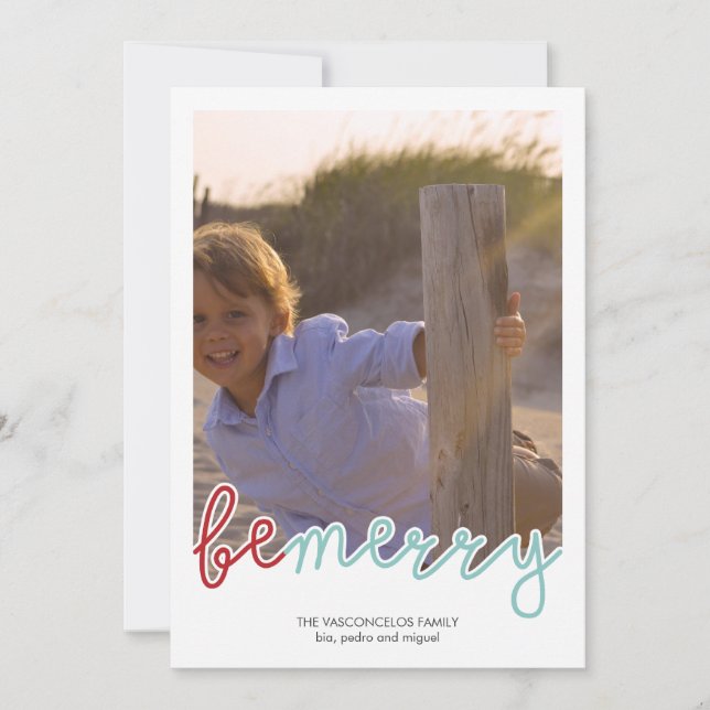 Var Merry Photo jul Önskemål Red Blue Julkort (Framsida)