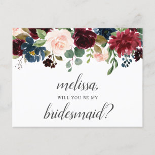 Var min Bridesmaid Burgundy Blåa blommor Inbjudan Vykort