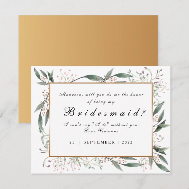 Var min Bridesmaid elegant grönt löv guld Inbjudningar (Fram/baksida)