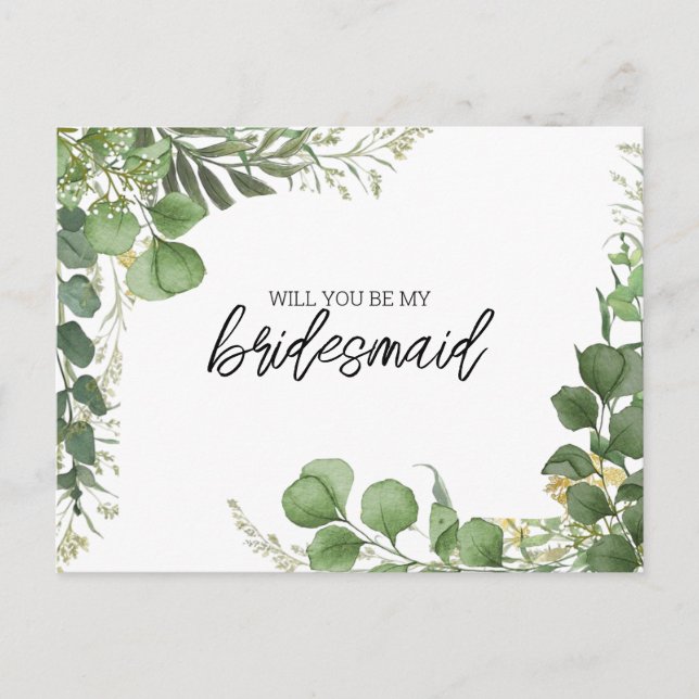 Var min Bridesmaid Eucalyptus och Arched Guld Helg Vykort (Framsida)