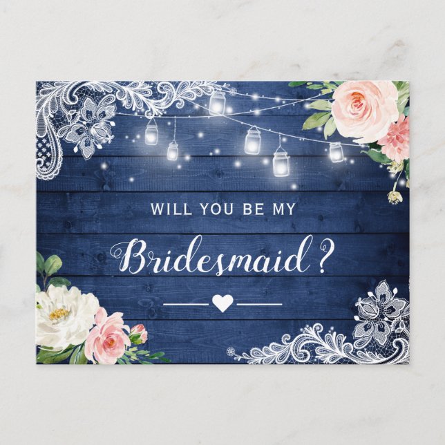 Var min Bridesmaid Frieri Rustic Blue  Blommigt Inbjudan Vykort (Framsida)