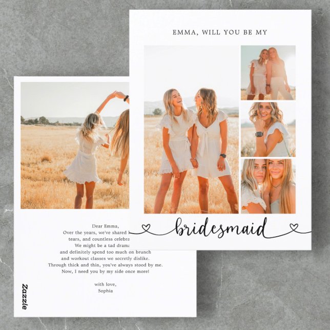 Var min Bridesmaid Photo Collage Heart Calligraphy Vykort (Skapare uppladdad)
