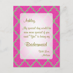 Var min Bridesmaid Shock rosa Quatrefoil Vykort