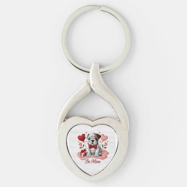 Var min engelska Bulldog Valentine Keychain Twisted Heart Silverfärgad Nyckelring (Framsidan)