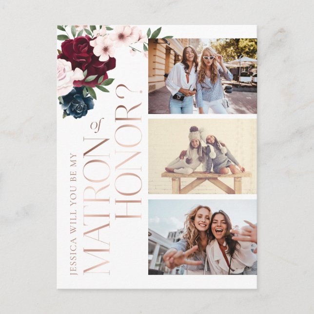 Var min hedersmatron? Foto på Burgundy Navy Blommi Inbjudan Vykort (Framsida)