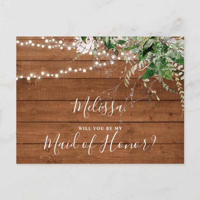 Var min Maid of honor Boho Woodland Greenery Inbjudan Vykort (Framsida)