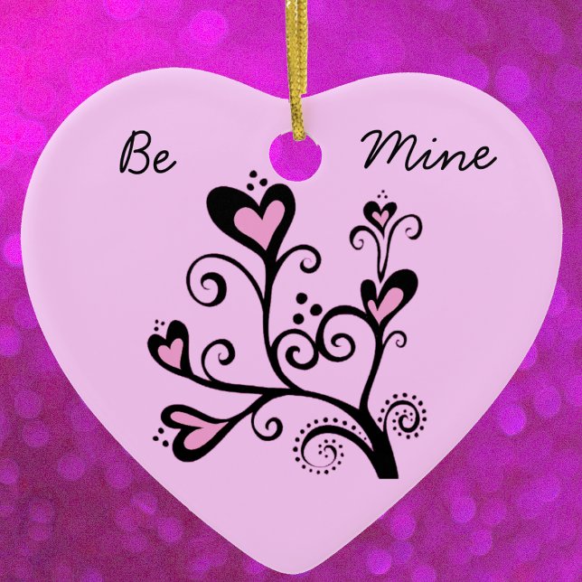Var min Valentine Rosa Heart Träd Julgransprydnad Keramik (Black branch with pink heart shaped flowers and swirls on Be mine pink heart shaped ornament.)