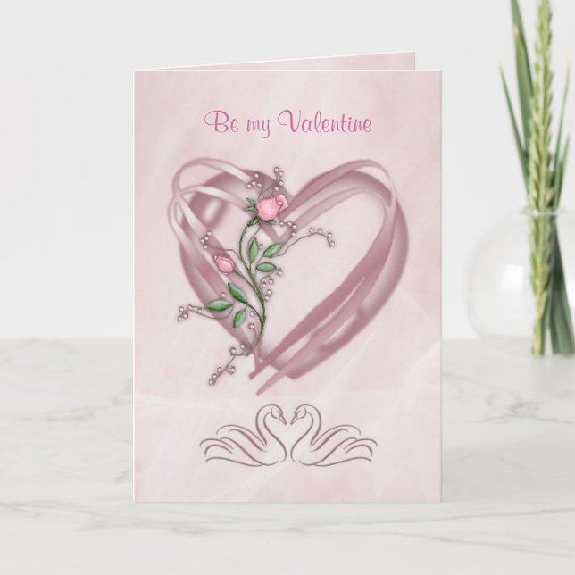 Var mitt valentinkort med hjärtor, rosa och svanar helgkort (Framsida)