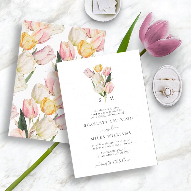 Vår Monogram Bröllop Inbjudningar (Watercolor Monogrammed Spring and Summer Tulip Wedding Invitation by Painted Paperie)