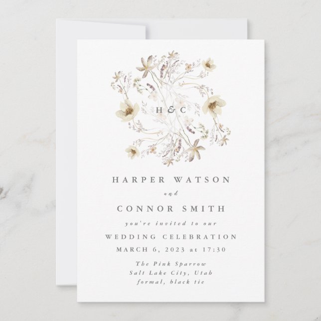 Vår Monogram Elegant Wildblomme Blommigt Inbjudningar (Framsida)