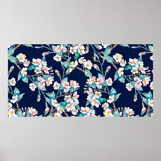 Vår mönster. Blommar grenar. Vattenfärg. VI Poster (Framsidan)