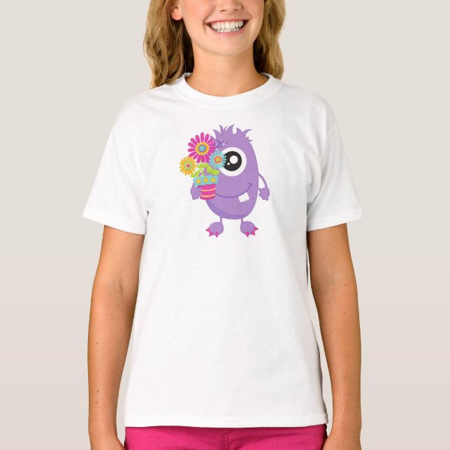 Vår Monster, Lila Monster, färgblommor T Shirt (Framsida)