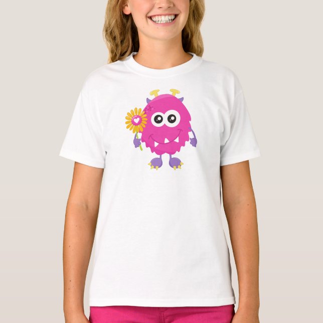 Vår Monster, Rosa Monster, Flowers, Horns T Shirt (Framsida)