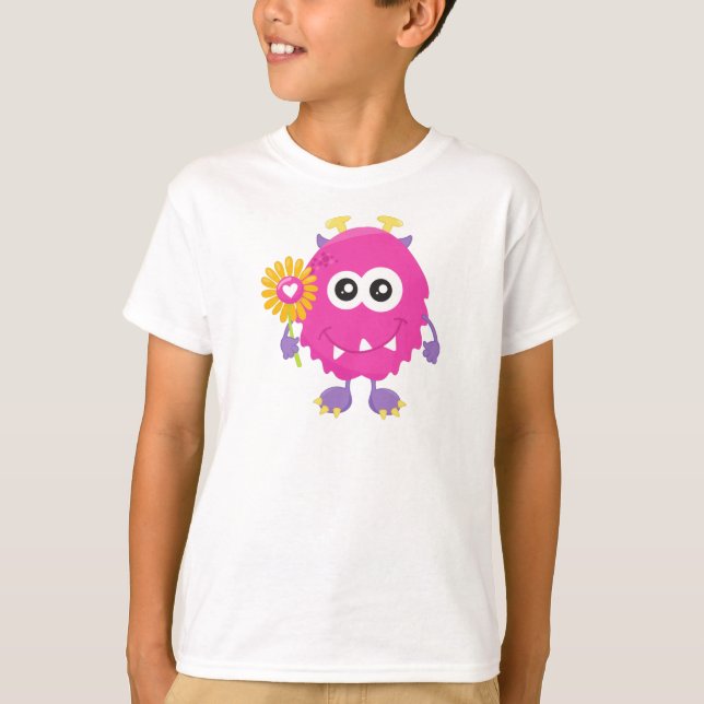 Vår Monster, Rosa Monster, Flowers, Horns T Shirt (Framsida)
