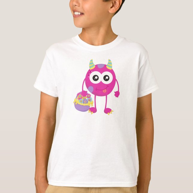 Vår Monster, Rosa Monster, horn, blommor T Shirt (Framsida)