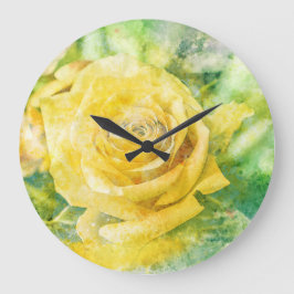 Vår morgon Gul ros i pastellvattenfärg Stor Klocka