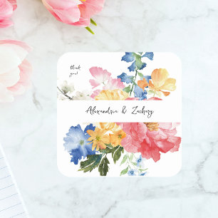 Vår Multi Färg Blommigt Tack Fyrkantigt Klistermärke