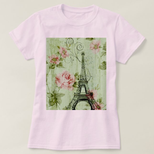 vår mynta rosa blommigt fransk paris eiffel torn t shirt (Design framsida)