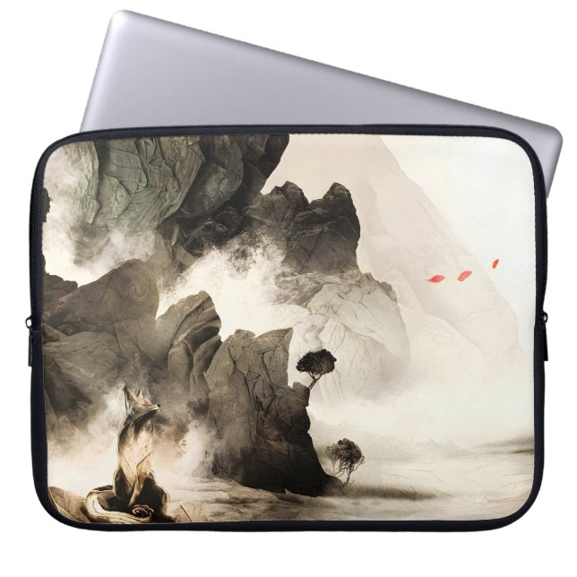 Vår Mystisk Räv Dimmig Berg Minimalistisk Zen Laptop Fodral (Framsidan)